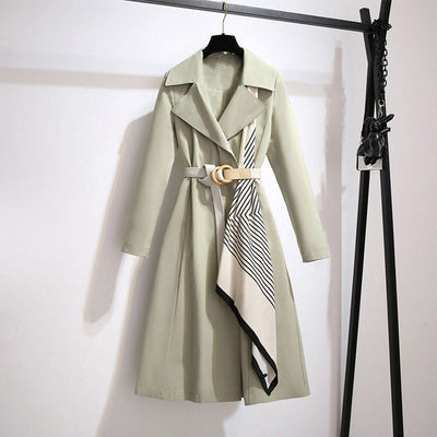 Women's long coat classic cut with belt and decorative scarf - Sarah