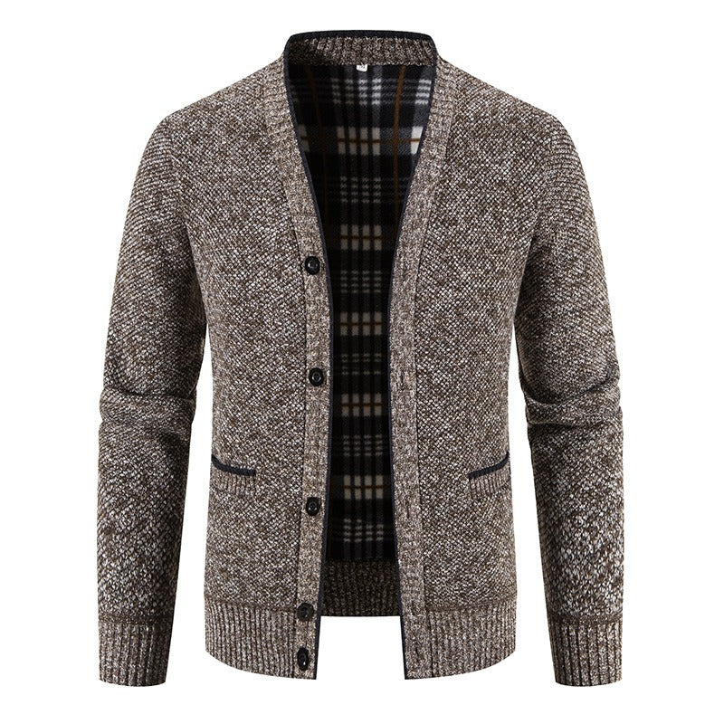 Men's knitted cardigan with tartan lining, casual style - Morten