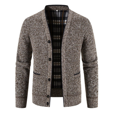 Men's knitted cardigan with tartan lining, casual style - Morten