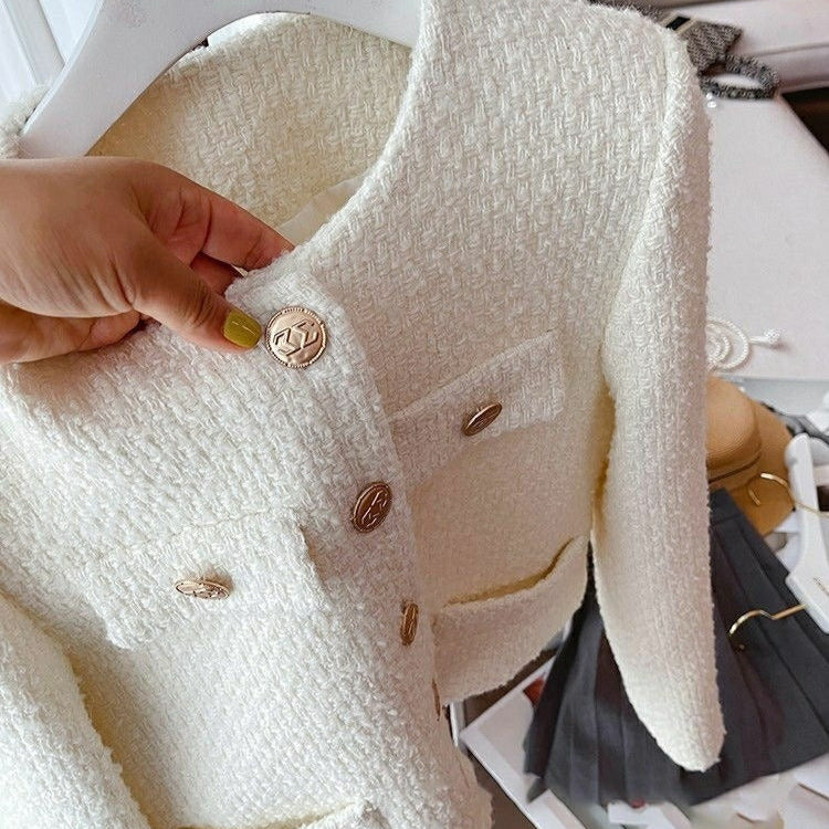 Women's short jacket bouclé fabric classic design with jewel buttons - Noelle
