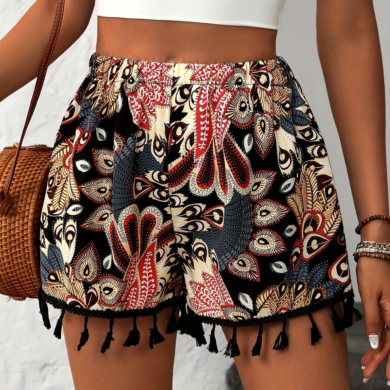 Women's high waisted shorts with tassel bohemian print - Naïra