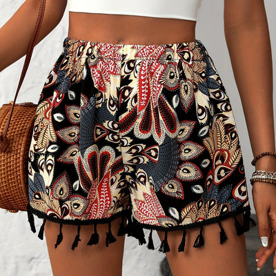 Women's high waisted shorts with tassel bohemian print - Naïra