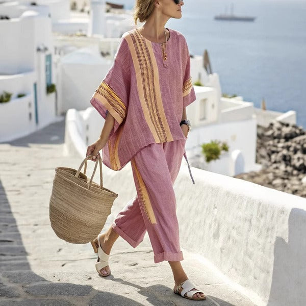 Mediterranean style wide striped linen set for women - Danae