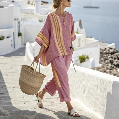 Mediterranean style wide striped linen set for women - Danae