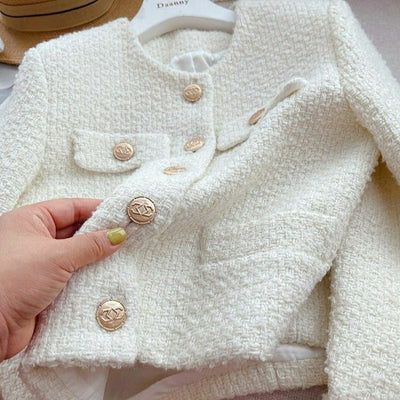 Women's short jacket bouclé fabric classic design with jewel buttons - Noelle