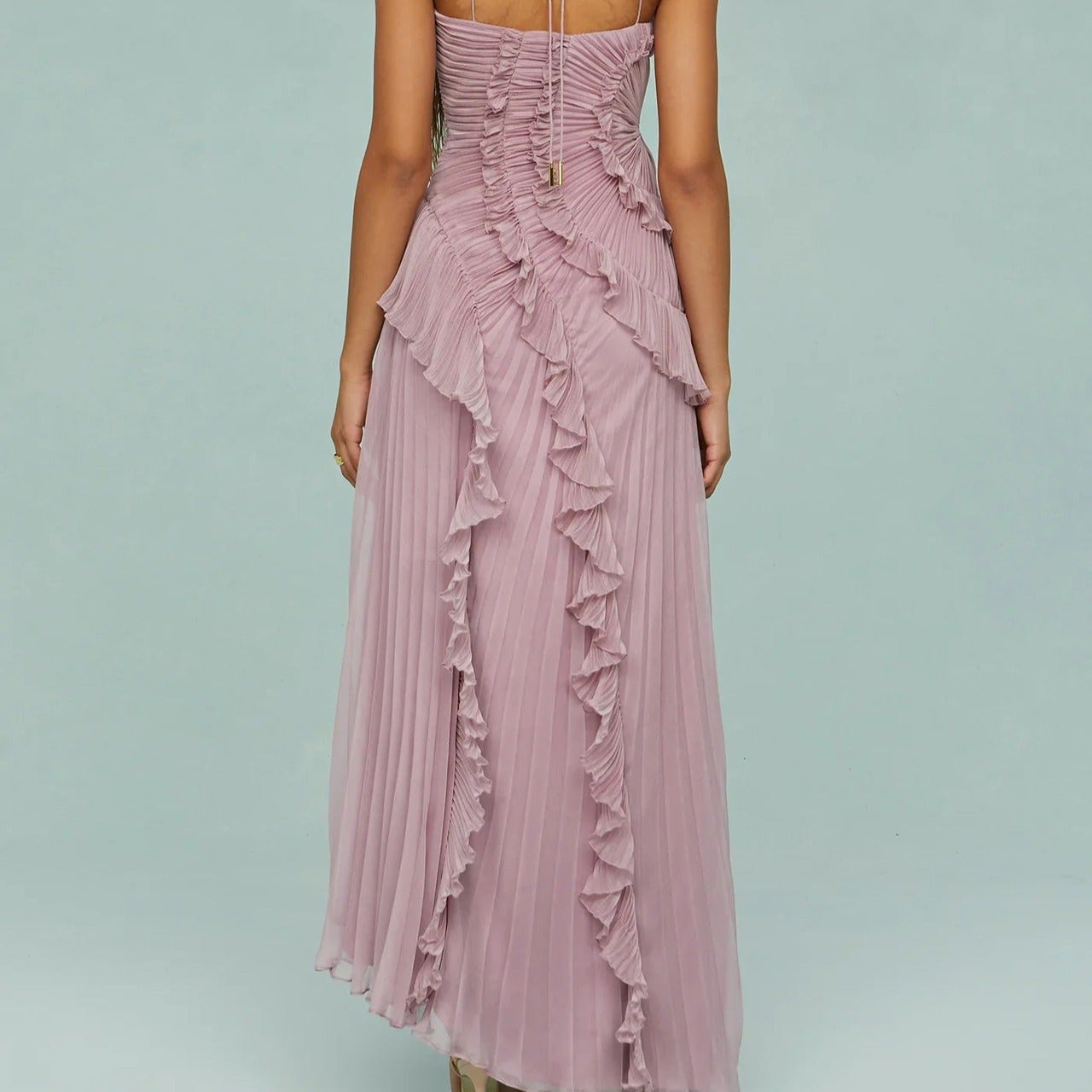 Elegant asymmetrical pleated chiffon long dress - Violet