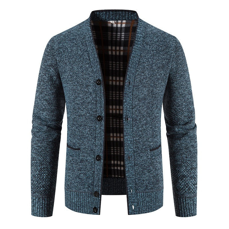 Men's knitted cardigan with tartan lining, casual style - Morten