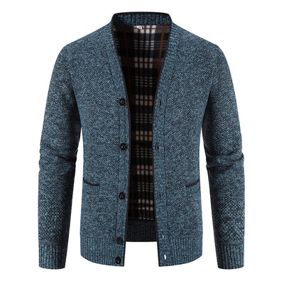 Men's knitted cardigan with tartan lining, casual style - Morten