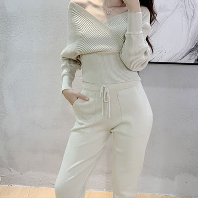 Women's knitted set with ribbed sweater and jogger - Ilona