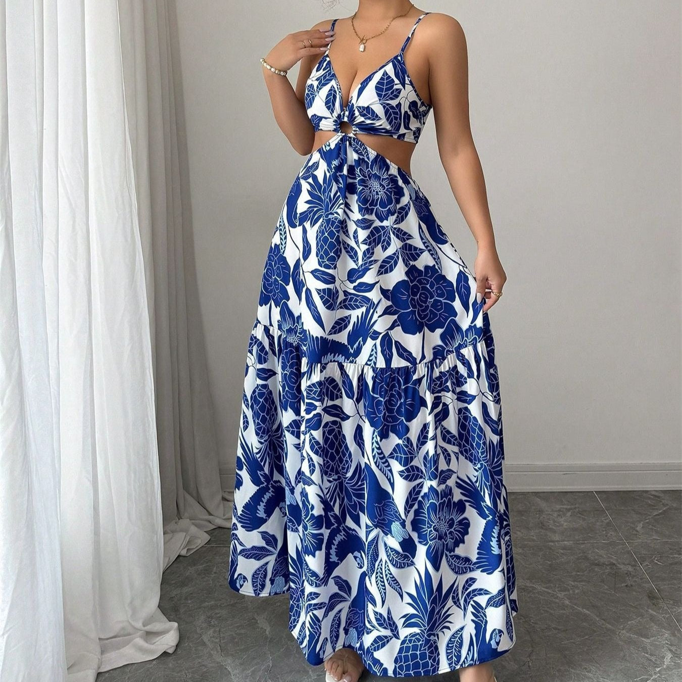Women's long dress floral print cut-out straps - Moenia