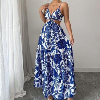 Women's long dress floral print cut-out straps - Moenia