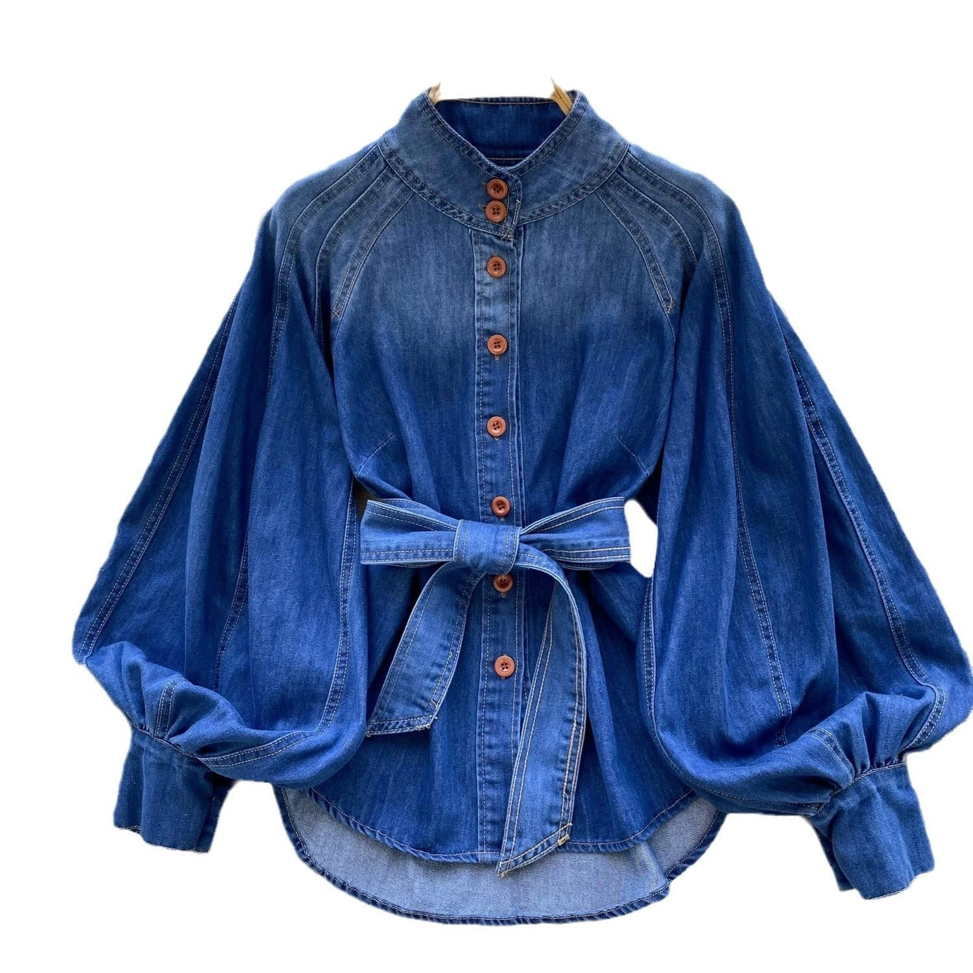 Women's denim blouse with puffed sleeves and belt - Elara