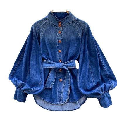 Women's denim blouse with puffed sleeves and belt - Elara