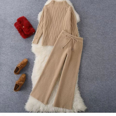 Women's knitted braided sweater and wide pants set - Melis