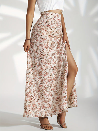 Women's long floral skirt with side slit - Light blue