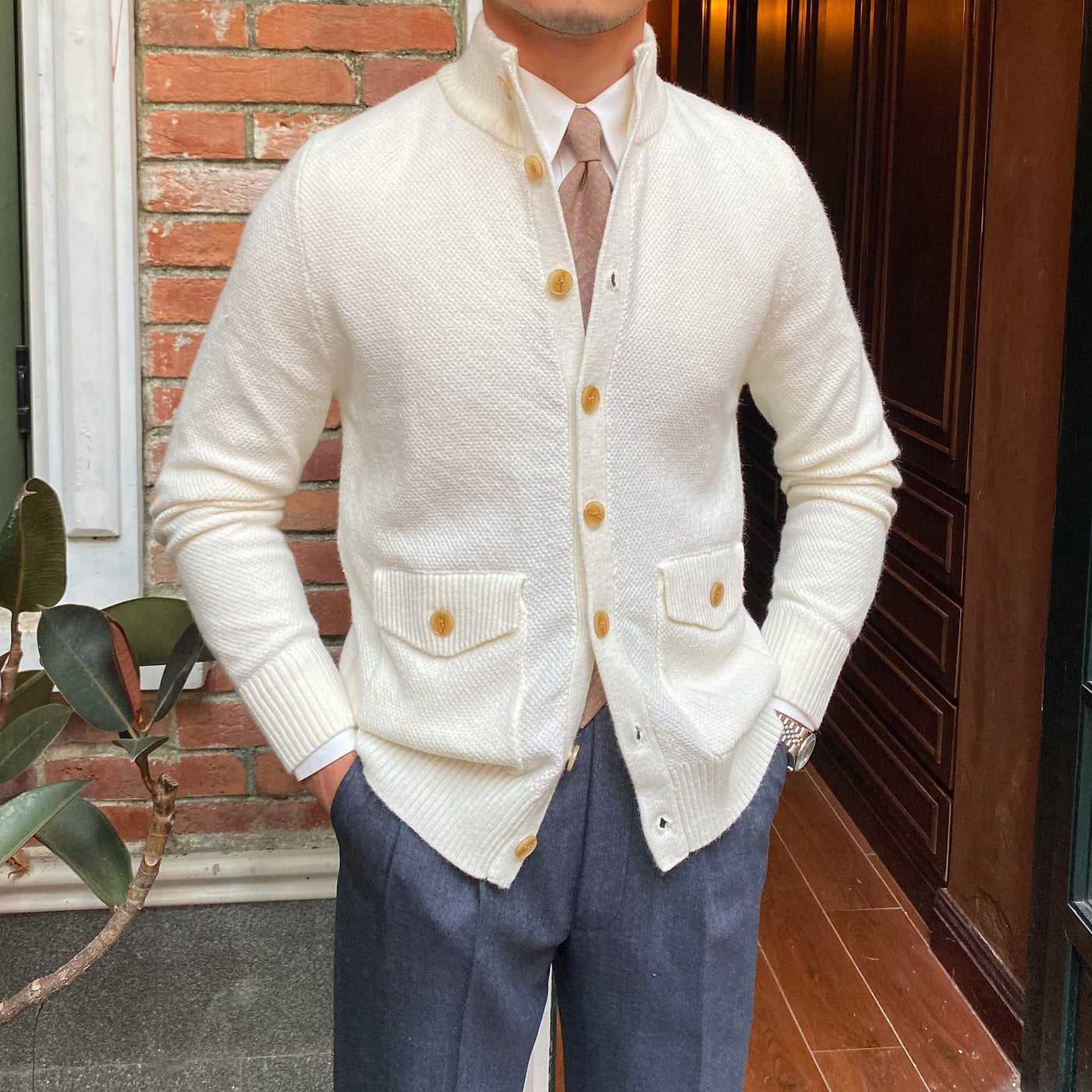 Chunky knit cardigan with turtleneck - Moose