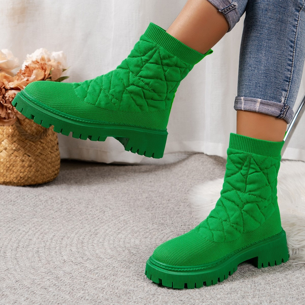 Women's quilted fabric boots with urban style track sole - Kaela