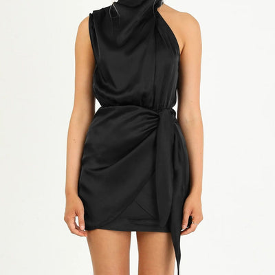 Women's elegant short draped neckline satin dress - Moraima