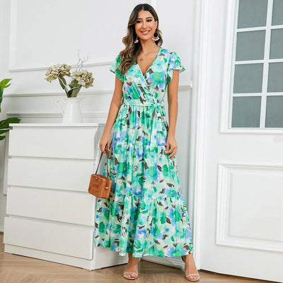 Floral long dress with flowing cross over style - Zulma