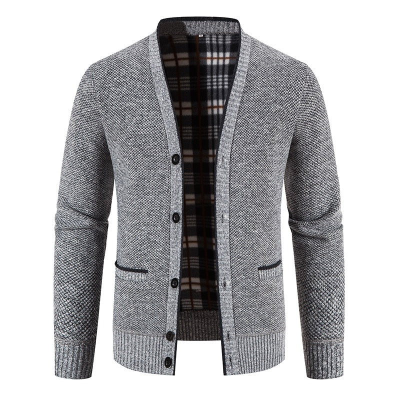 Men's knitted cardigan with tartan lining, casual style - Morten