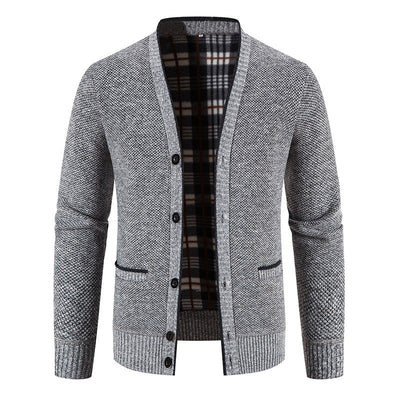 Men's knitted cardigan with tartan lining, casual style - Morten