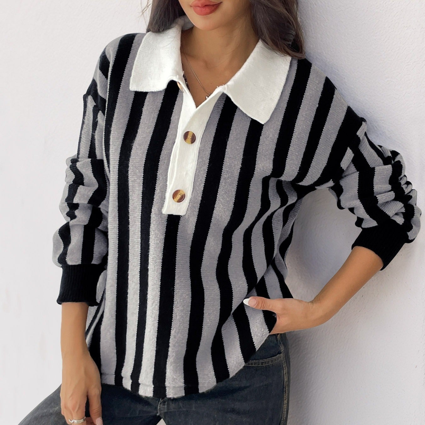 Women's vertical striped sweater polo neck - Mirea