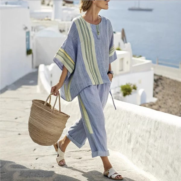 Mediterranean style wide striped linen set for women - Danae