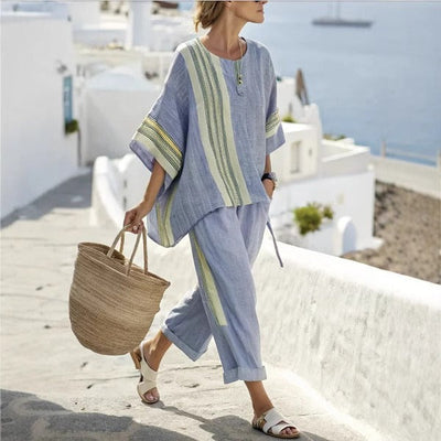 Mediterranean style wide striped linen set for women - Danae
