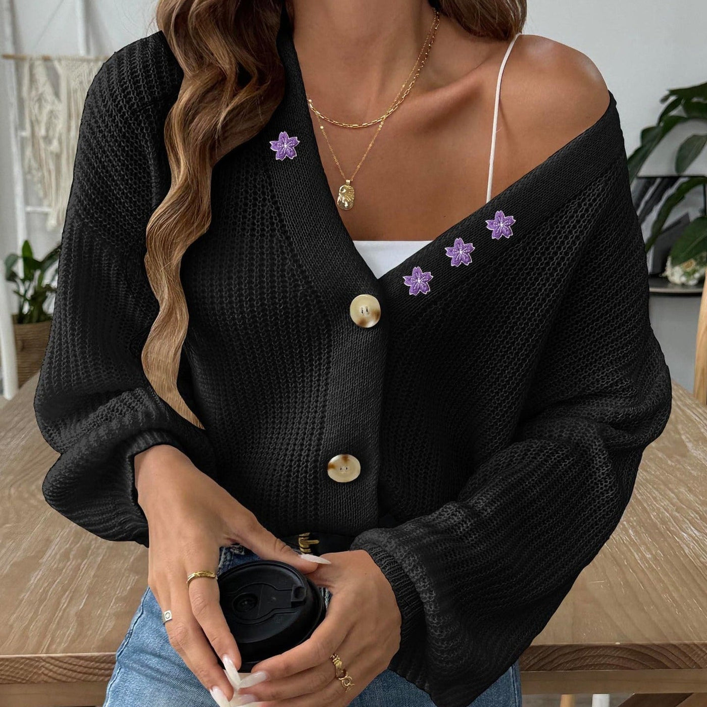Women's puff sleeve cardigan with floral embroidery V-neckline - Minerva