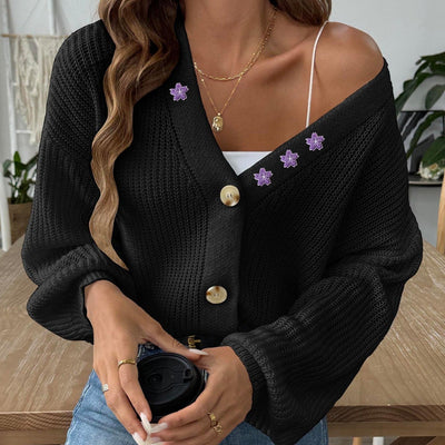 Women's puff sleeve cardigan with floral embroidery V-neckline - Minerva