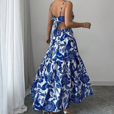 Women's long dress floral print cut-out straps - Moenia