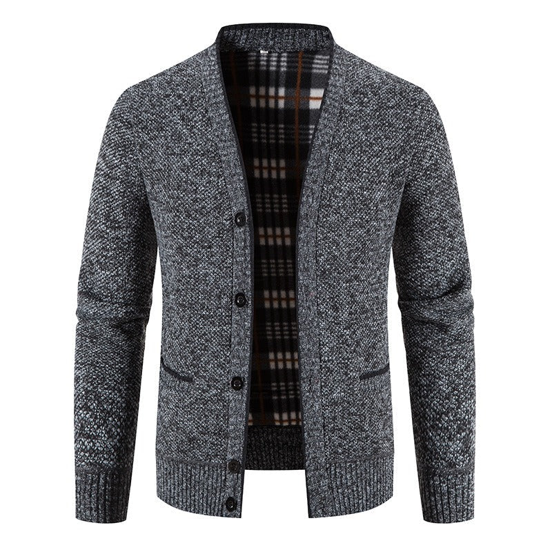 Men's knitted cardigan with tartan lining, casual style - Morten