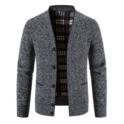 Men's knitted cardigan with tartan lining, casual style - Morten