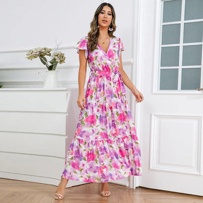 Floral long dress with flowing cross over style - Zulma