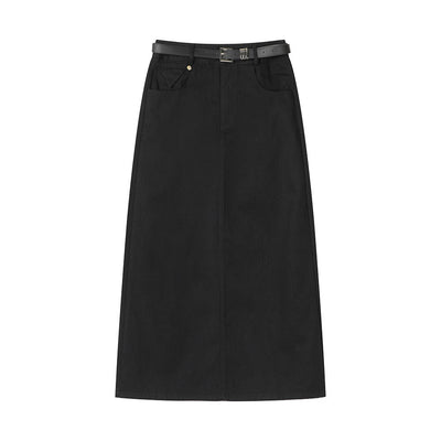 High Waist Straight Midi Skirt with Belt - Keira