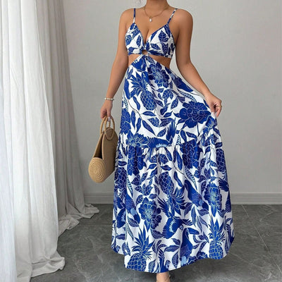 Women's long dress floral print cut-out straps - Moenia