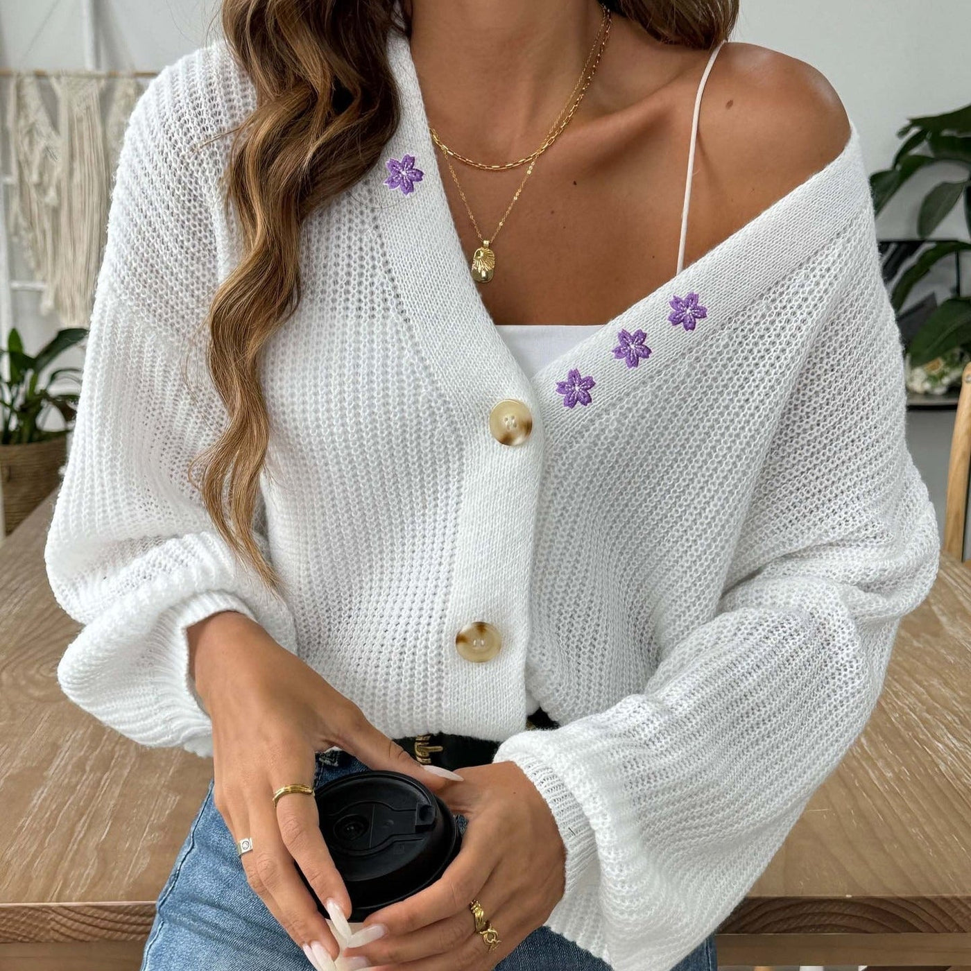 Women's puff sleeve cardigan with floral embroidery V-neckline - Minerva