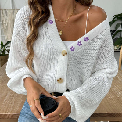 Women's puff sleeve cardigan with floral embroidery V-neckline - Minerva