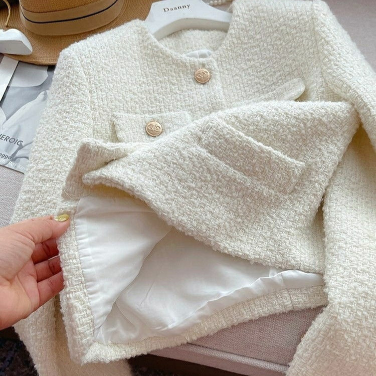 Women's short jacket bouclé fabric classic design with jewel buttons - Noelle