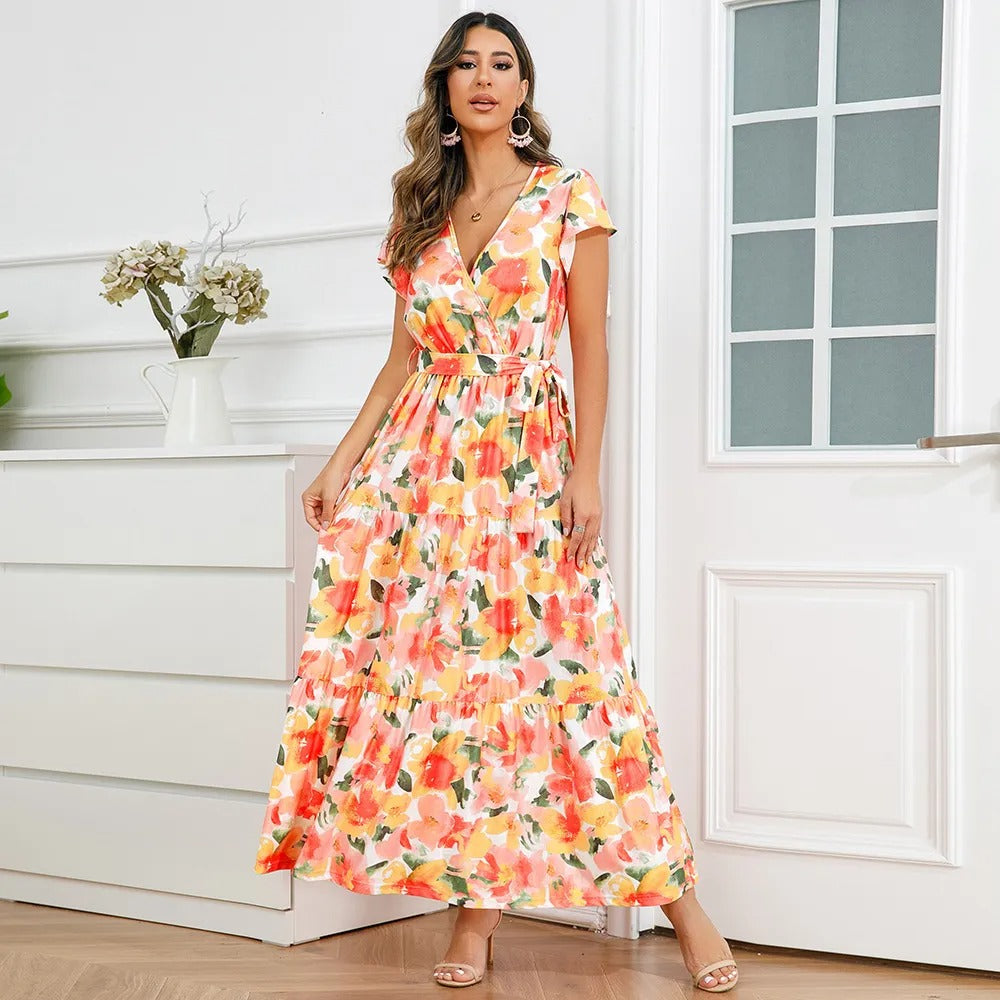 Floral long dress with flowing cross over style - Zulma