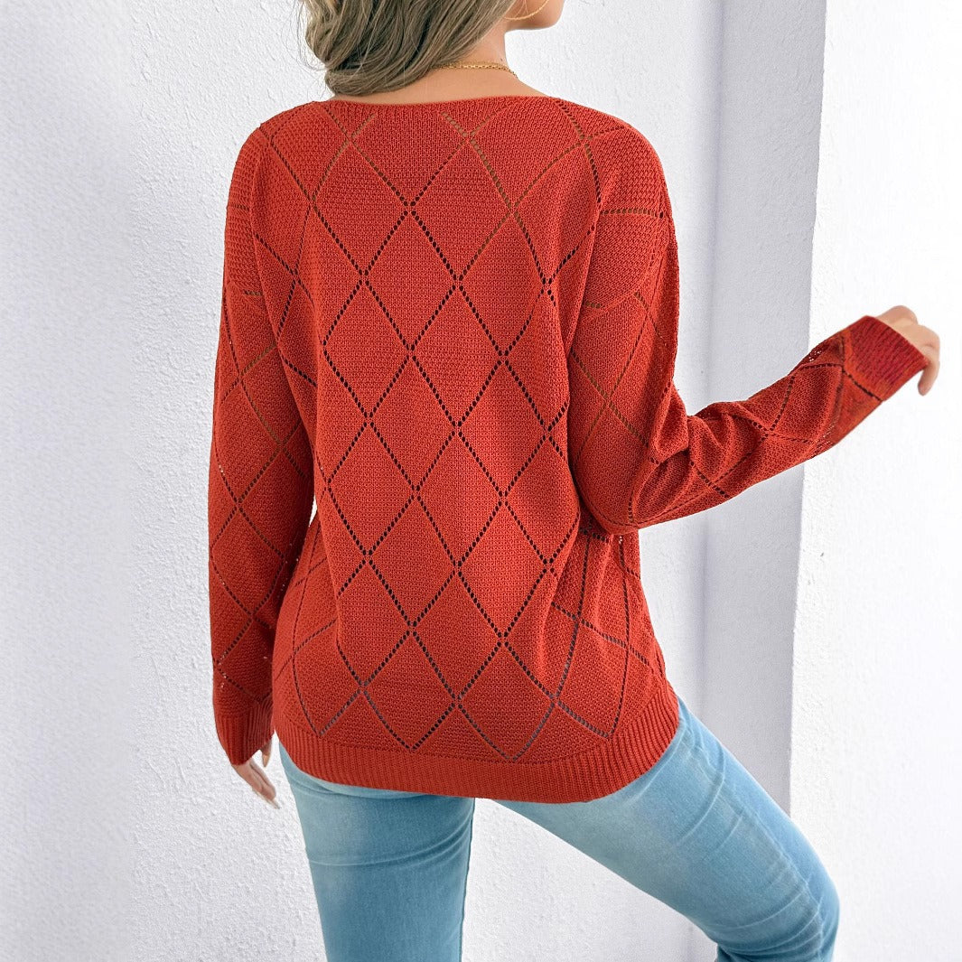 Openwork sweater V-neck V-neck diamond pattern - Anette