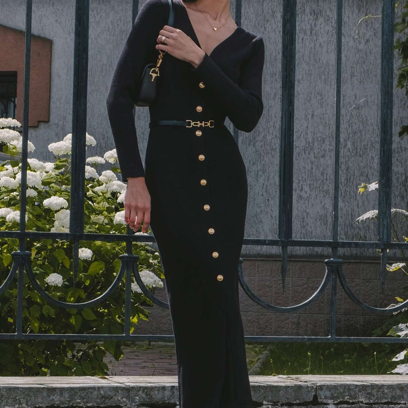 Midi dress knitted buttons thin belt - Maelle