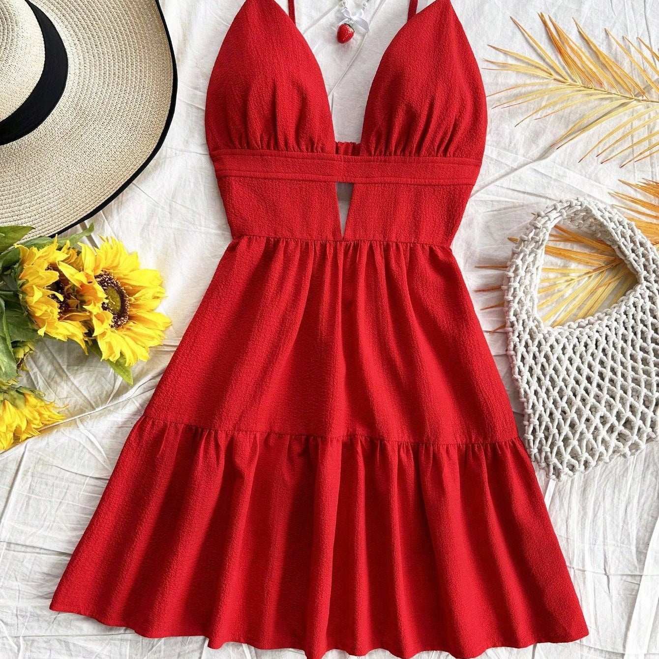 Women's short dress with pleated animal print straps - Enara