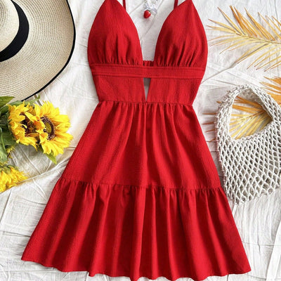 Women's short dress with pleated animal print straps - Enara