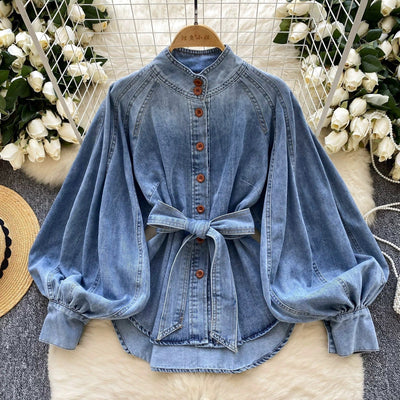 Women's denim blouse with puffed sleeves and belt - Elara