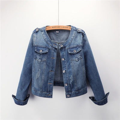 Women's denim jacket round neck front pockets - Hila