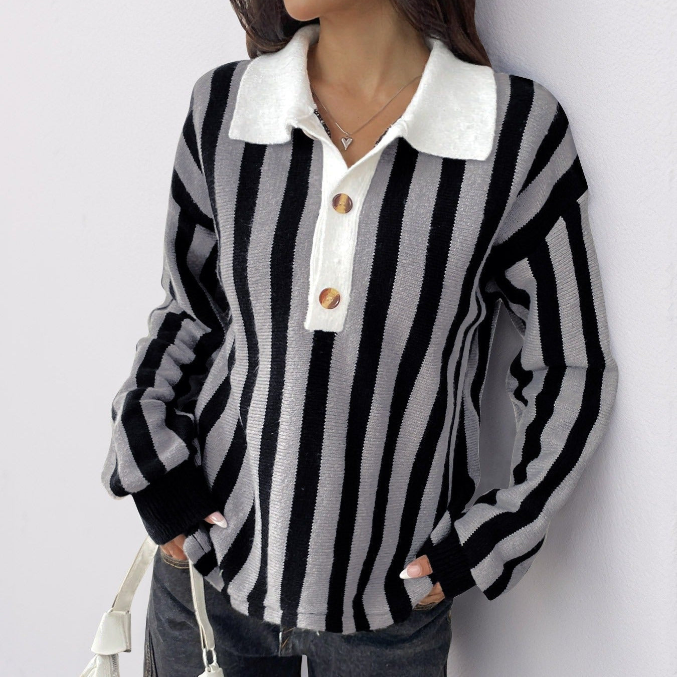 Women's vertical striped sweater polo neck - Mirea