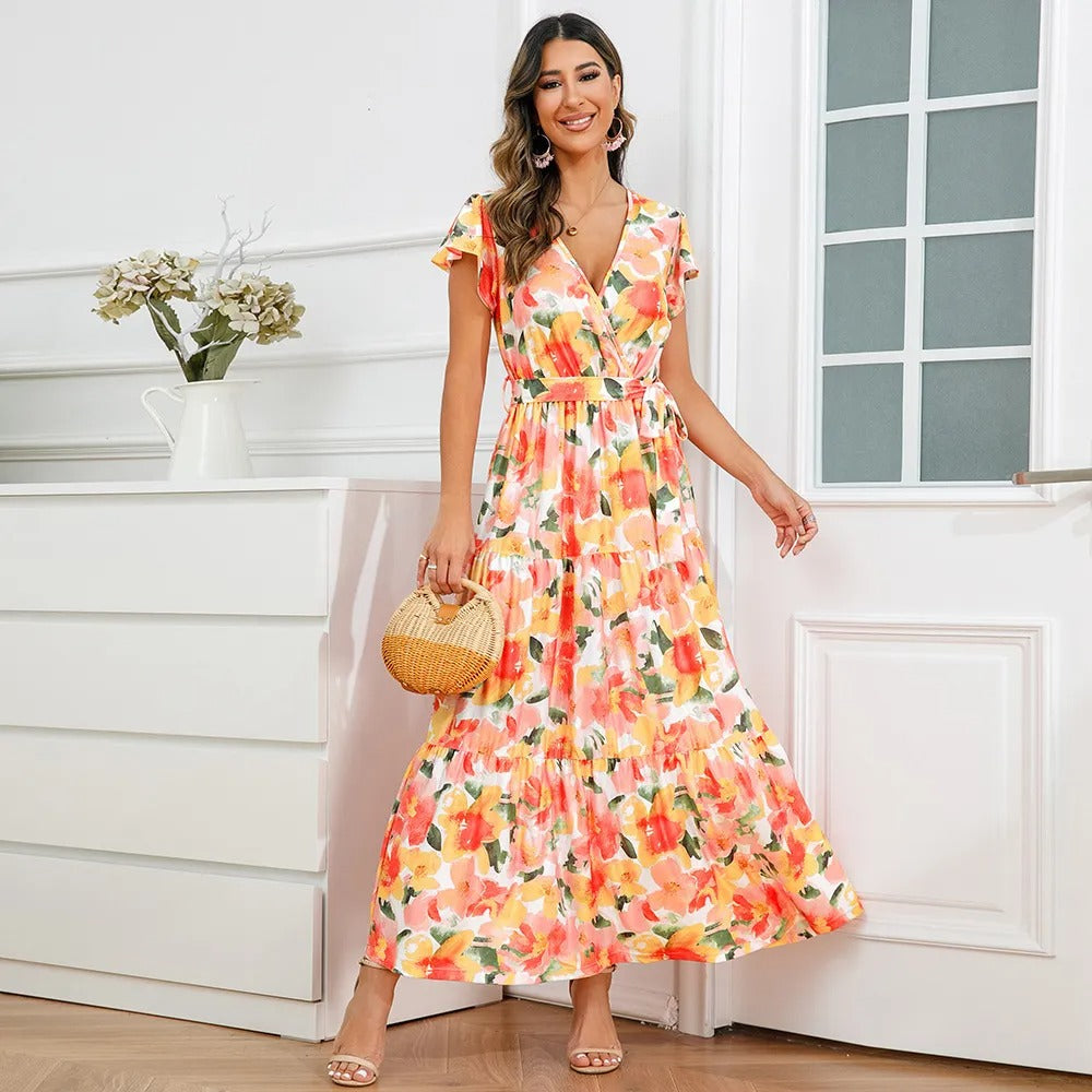 Floral long dress with flowing cross over style - Zulma