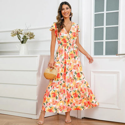 Floral long dress with flowing cross over style - Zulma