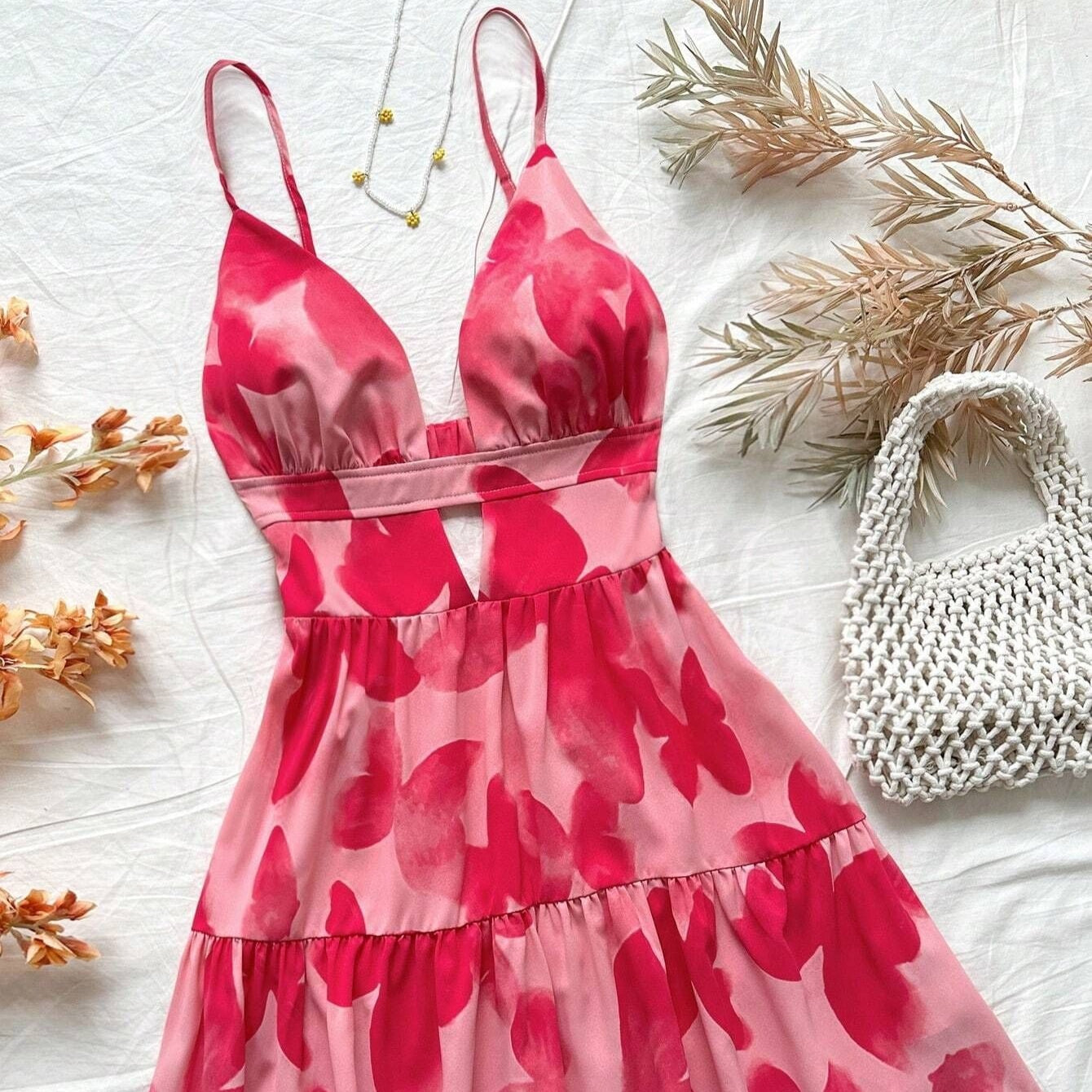 Women's short dress with pleated animal print straps - Enara